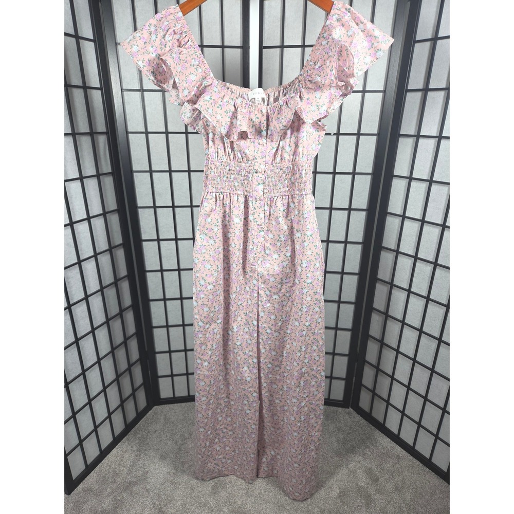 Mable Pink Cottagecore Whimsy Floral Ruffle Off Shoulder Smocked Wide Leg g sz m